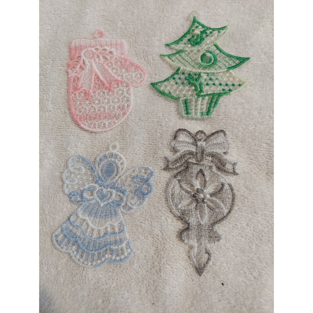 Lace Christmas Ornaments Set 4 Angel Tree Mitten Silver Bauble Embroidered